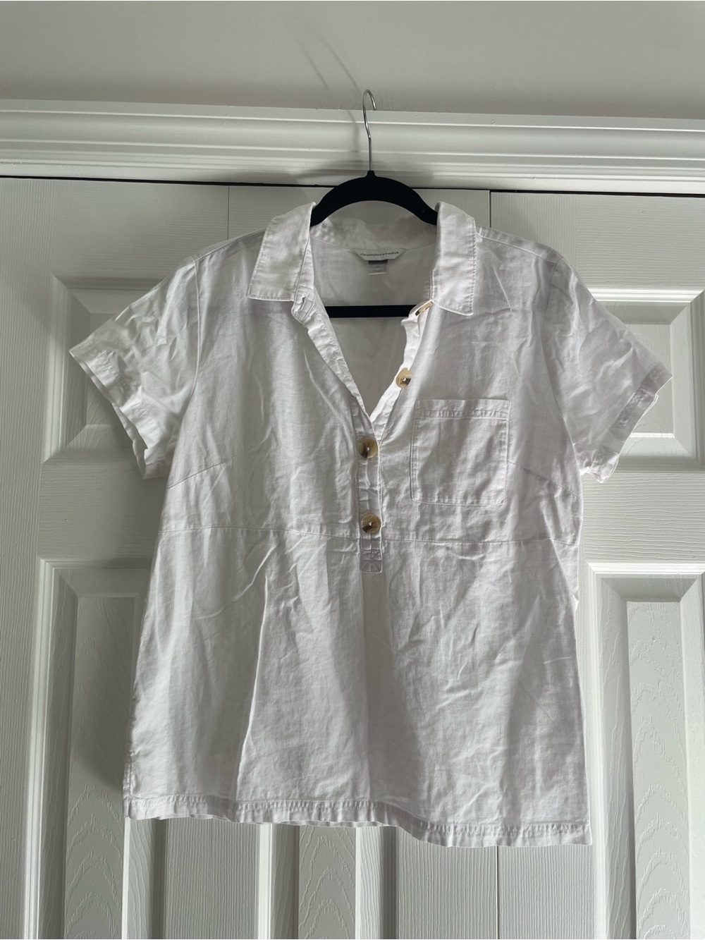 Christopher & Banks White Short-Sleeve Button Henley Blouse